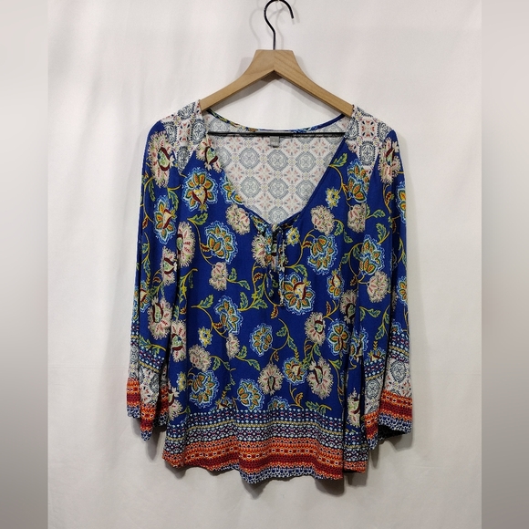 Valerie Stevens Tops - Valerie Stevens Floral Tunic Top Women's L Blue Artsy Boho Retro Y2K Cottagecore